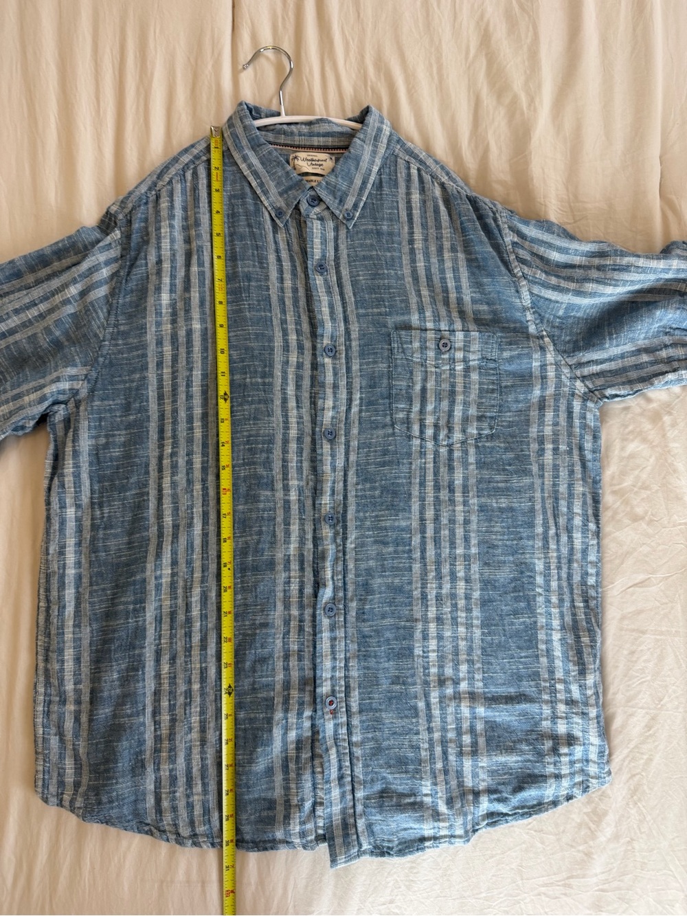 Weatherproof Blue and White Vertical Stripe Casual Button-Down Shirt